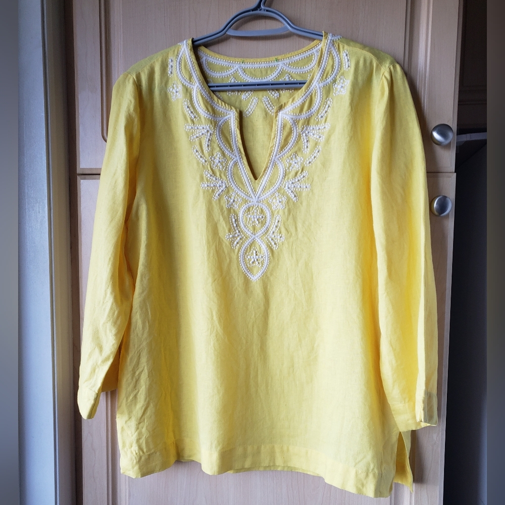 100% Linen Yellow Embroidered Beaded Boho Women's Top